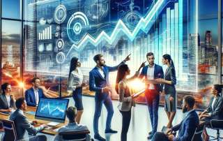 O scenă de birou vibrantă și dinamică, reprezentând o creștere a afacerilor. Punctul central este un afișaj interactiv de mari dimensiuni care prezintă un grafic cu o trenă ascendentă