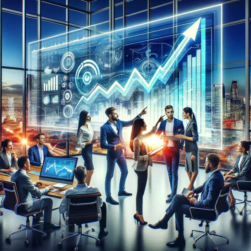 O scenă de birou vibrantă și dinamică, reprezentând o creștere a afacerilor. Punctul central este un afișaj interactiv de mari dimensiuni care prezintă un grafic cu o trenă ascendentă